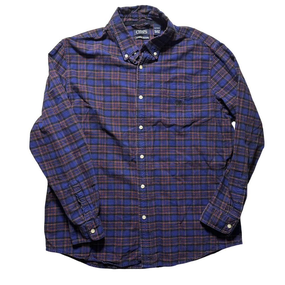 Chaps Plaid‎ Flannel Shirt XL – Blue Red Classic Oxford Button Up Vintage Style